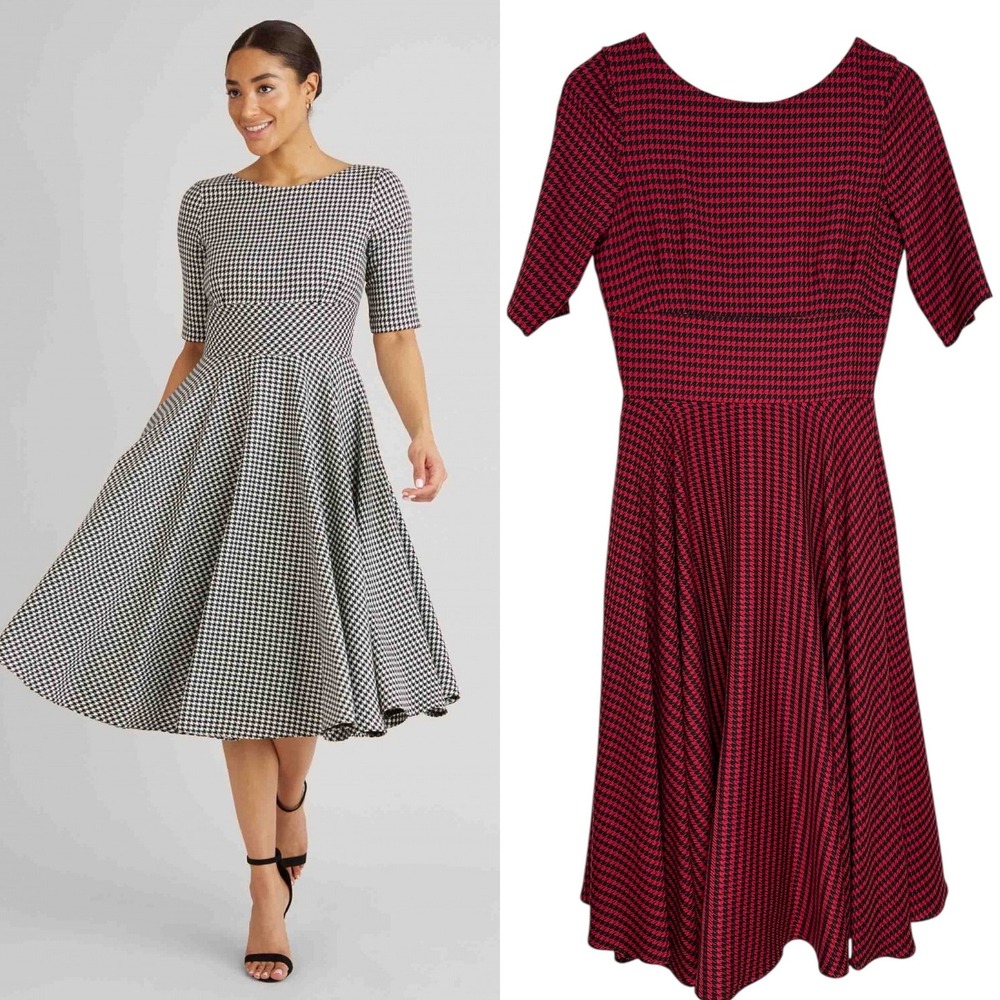 NWT Pretty Dress Company Houndstooth Midi Swing Dress | Red Black |‎ SZ 4 (UK 8)